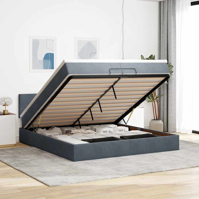 vidaXL Ottomán ágykeret matraccal Sötét szürke 200x200cm bársony