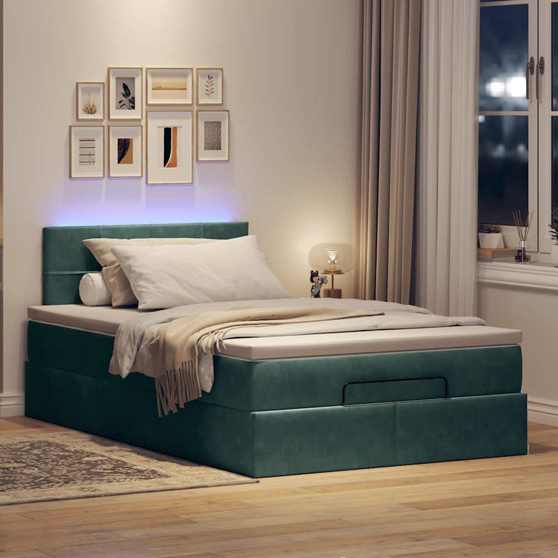 vidaXL sötétzöld bársony ottomán ágy matraccal & LED-ek 120x190cm