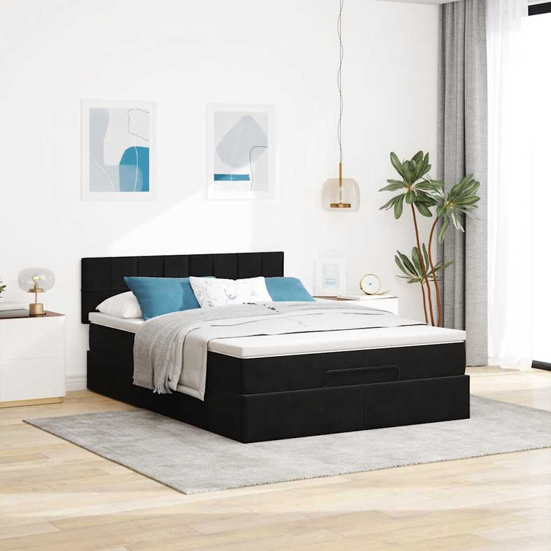 vidaXL Ottomán ágykeret matraccal fekete 140x200cm bársony