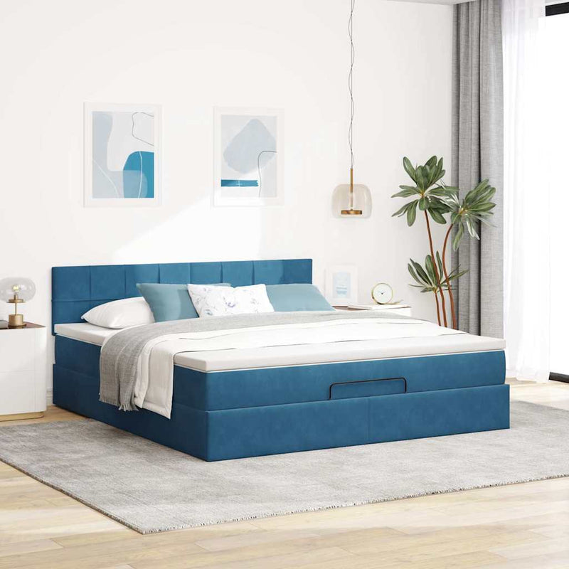 vidaXL Ottomán ágykeret matraccal sötétkék 180x200cm bársony