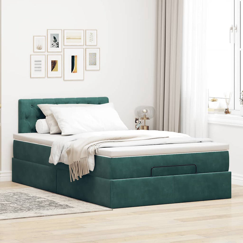 vidaXL sötétzöld bársony ottomán ágy matraccal & LED-ek 120x190cm