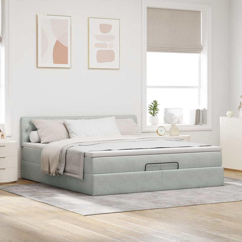 vidaXL Ottomán ágykeret matracokkal világosszürke 200x200cm bársony