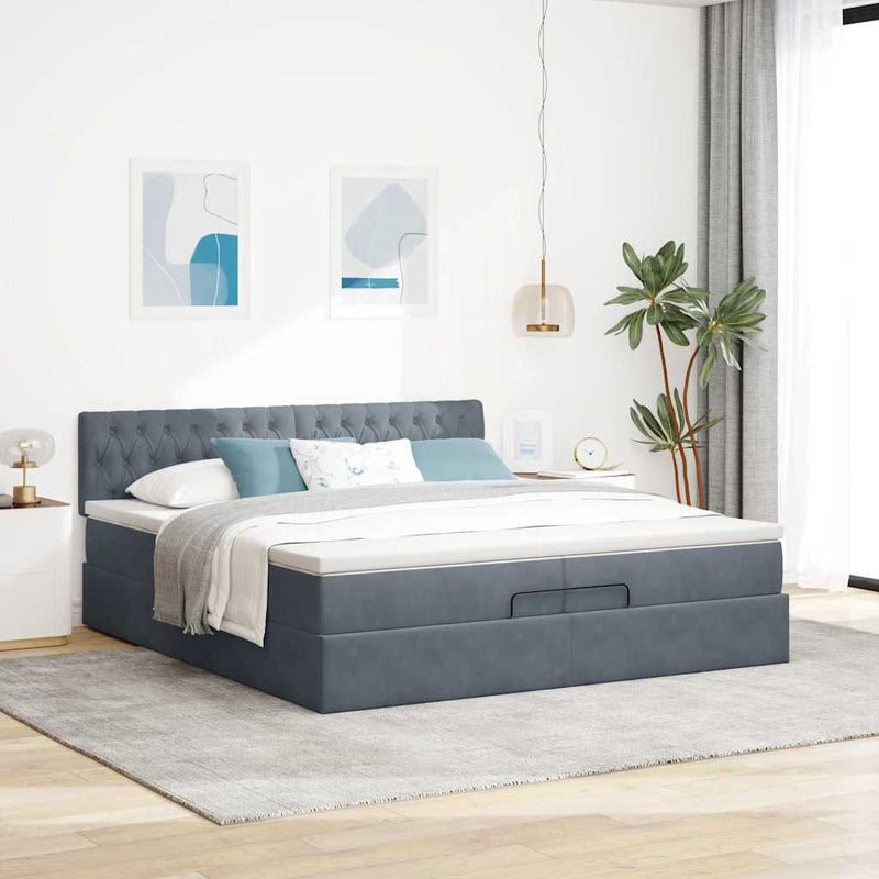 vidaXL Ottomán ágykeret matraccal Sötét szürke 200x200cm bársony