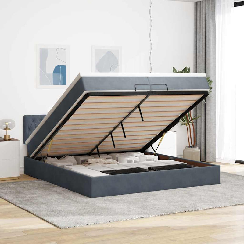 vidaXL Ottomán ágykeret matraccal Sötét szürke 200x200cm bársony