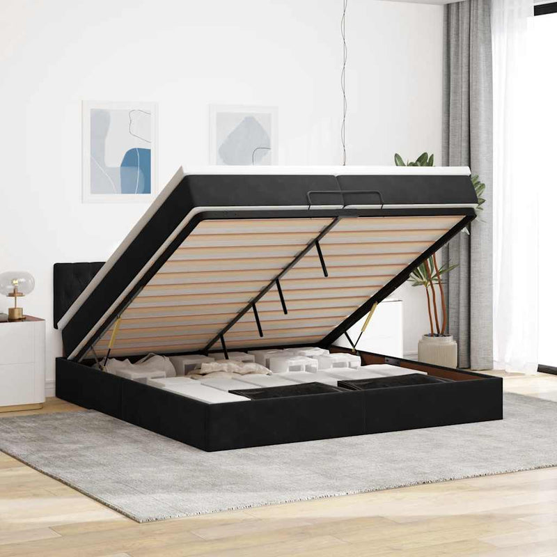 vidaXL Ottomán ágykeret matracokkal Fekete 200x200cm bársony
