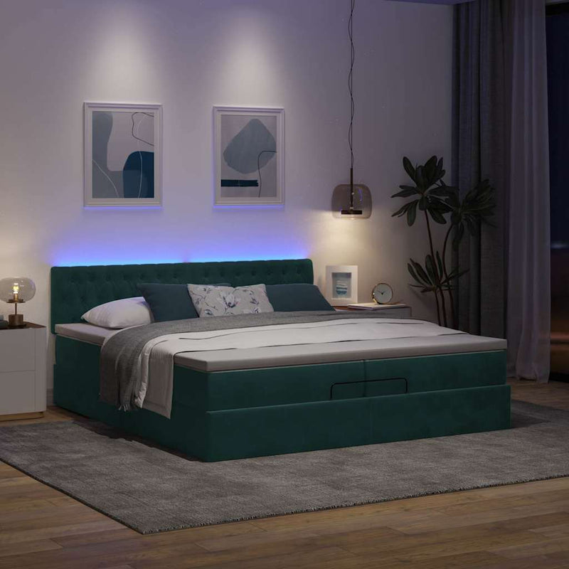 vidaXL Ottomán ágykeret matracokkal Sötétzöld 200x200cm bársony