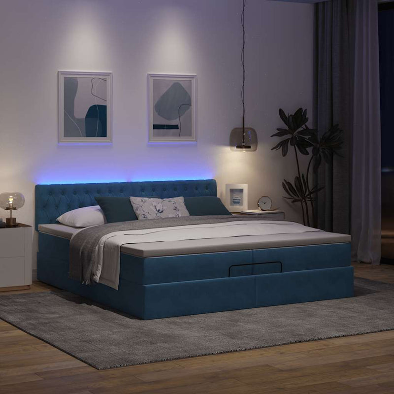 vidaXL Ottomán ágy matracokkal & LED-ek Sötétkék 200x200cm bársony