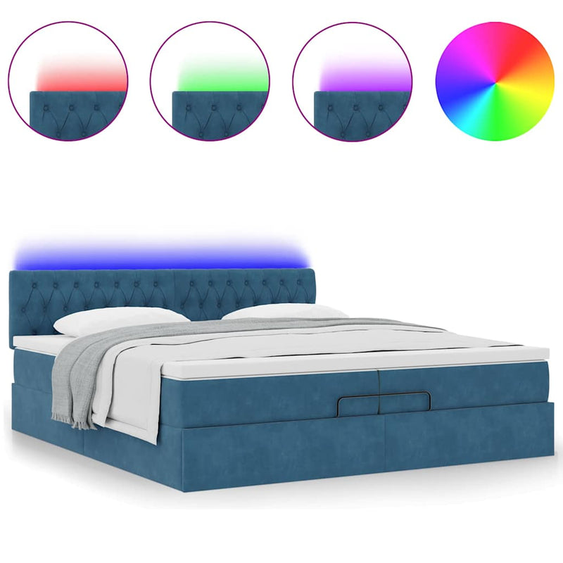 vidaXL Ottomán ágy matracokkal & LED-ek Sötétkék 200x200cm bársony