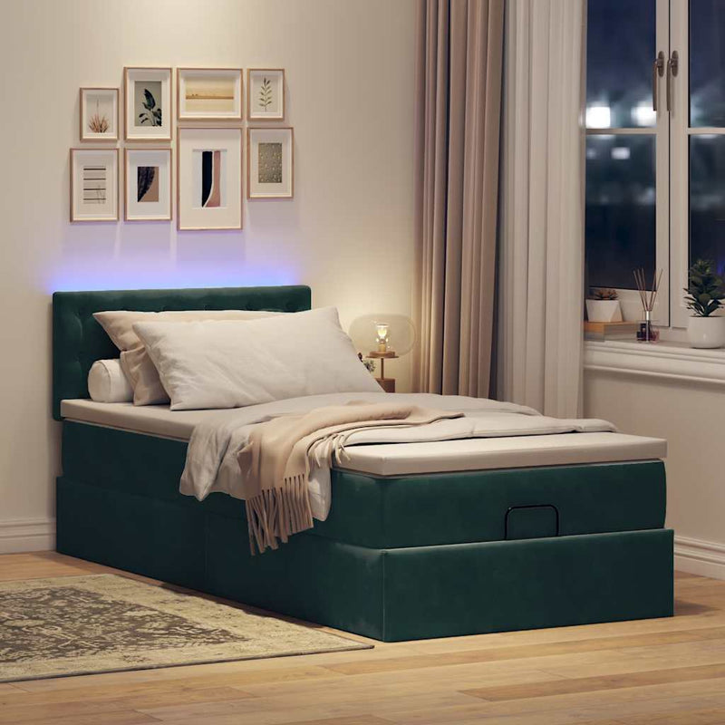vidaXL sötétzöld bársony ottomán ágy matraccal & LED-ek 80 x 200 cm