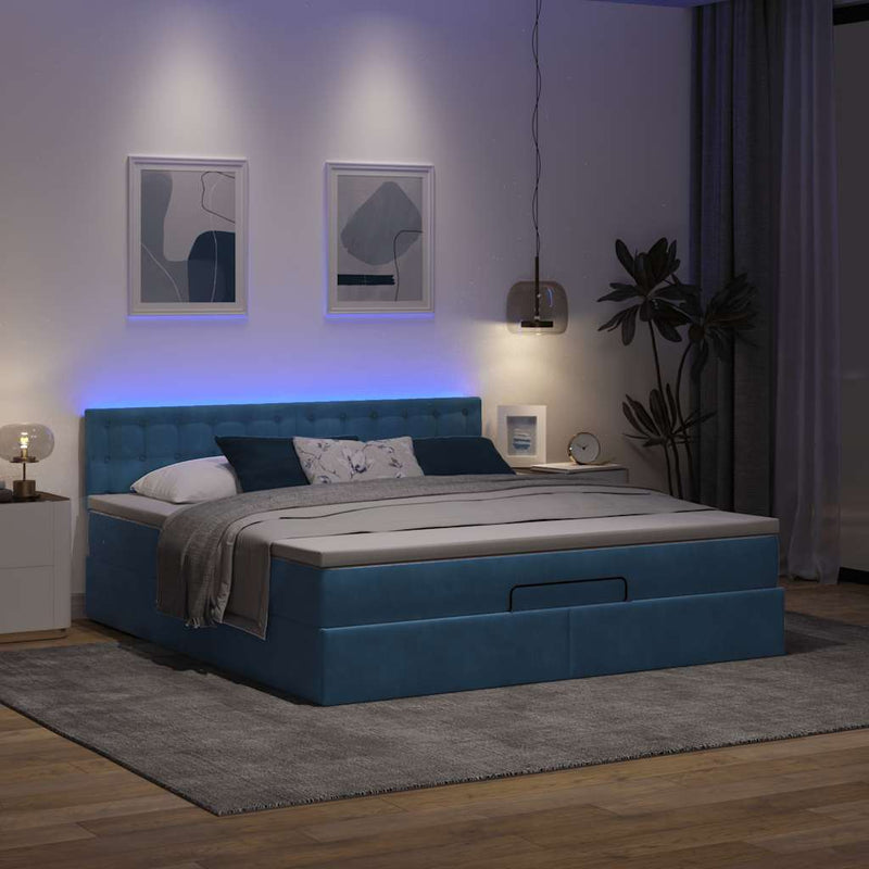 vidaXL Ottomán ágykeret matraccal sötétkék 180x200cm bársony