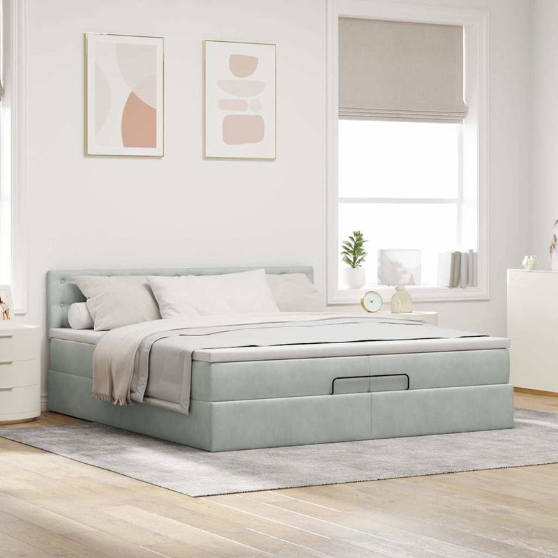 vidaXL Ottomán ágykeret matracokkal világosszürke 200x200cm bársony