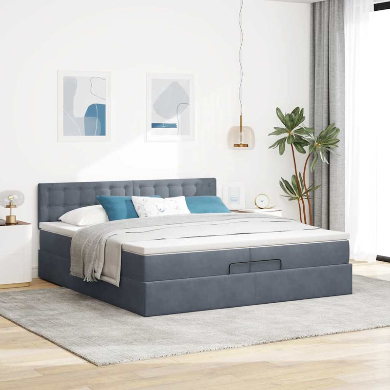 vidaXL Ottomán ágykeret matraccal Sötét szürke 200x200cm bársony