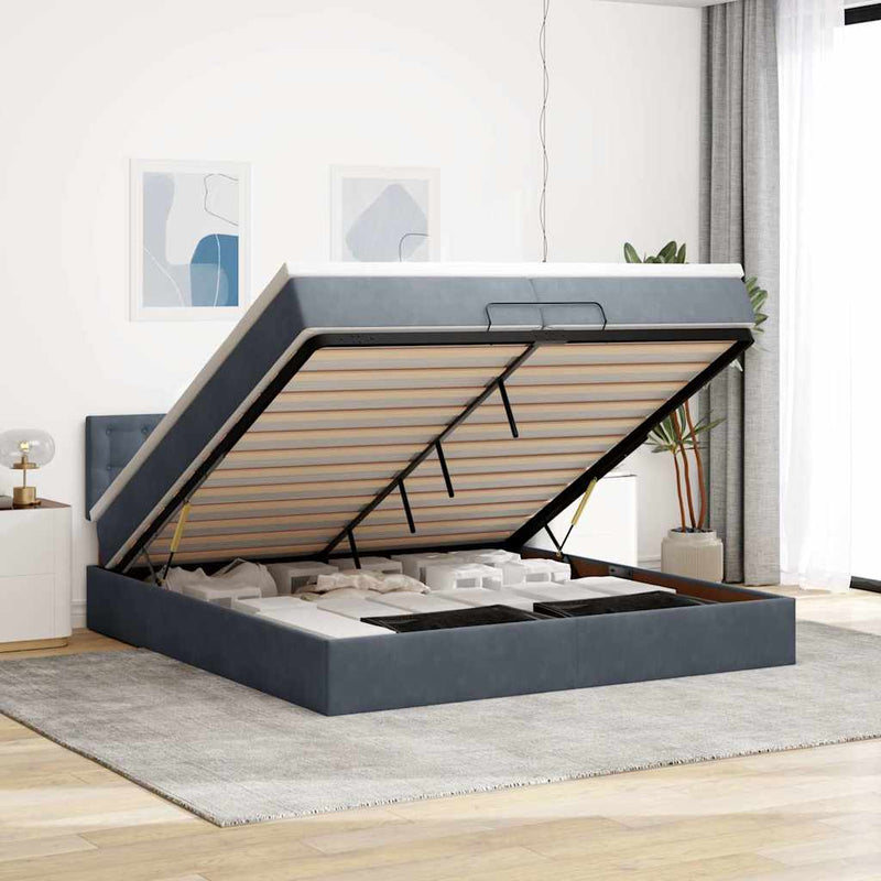 vidaXL Ottomán ágykeret matraccal Sötét szürke 200x200cm bársony
