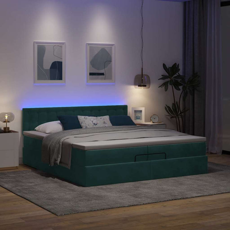 vidaXL Ottomán ágykeret matracokkal Sötétzöld 200x200cm bársony