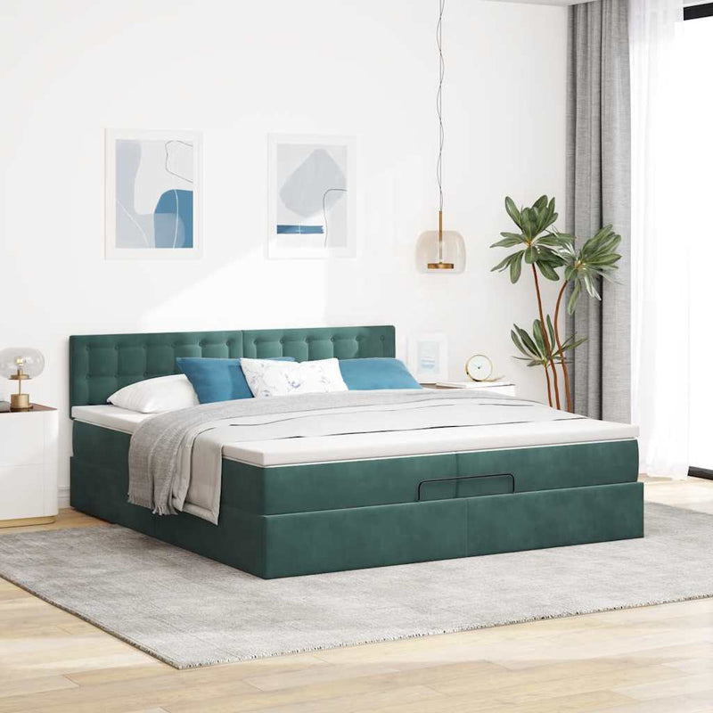 vidaXL Ottomán ágykeret matracokkal Sötétzöld 200x200cm bársony