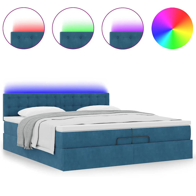 vidaXL Ottomán ágy matracokkal & LED-ek Sötétkék 200x200cm bársony