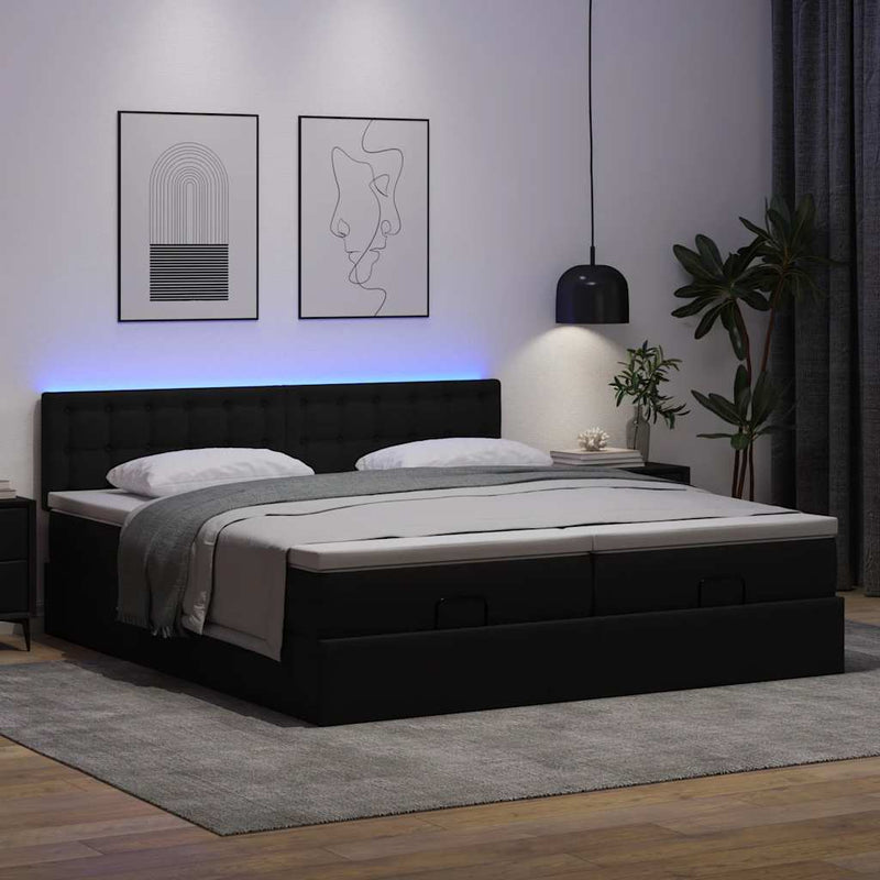 vidaXL fekete műbőr ottomán ágy matracokkal & LED-ek 160x200cm
