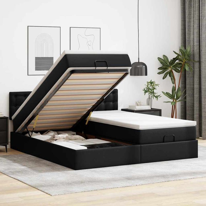 vidaXL fekete műbőr ottomán ágy matracokkal & LED-ek 160x200cm