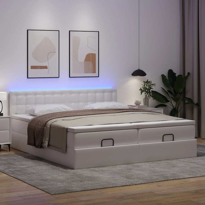 vidaXL Ottomán ágykeret matraccal Fehér 200x200cm műbőrrel
