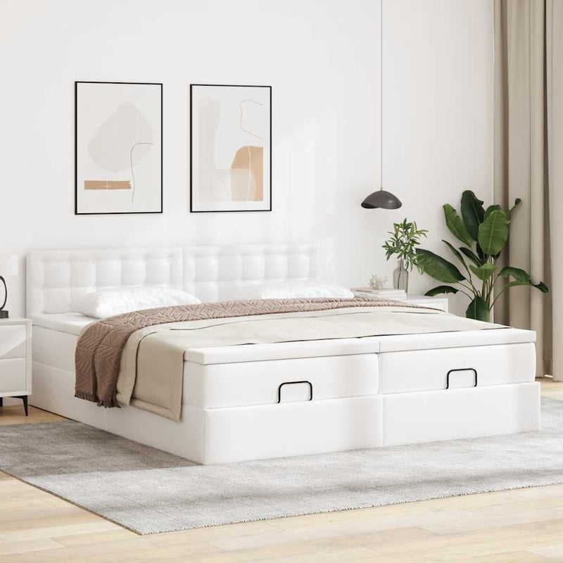 vidaXL Ottomán ágykeret matraccal Fehér 200x200cm műbőrrel
