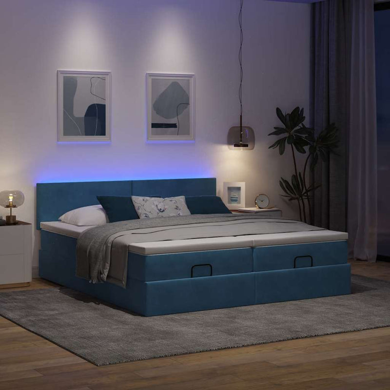 vidaXL Ottomán ágykeret matracokkal sötétkék 160x200cm bársony