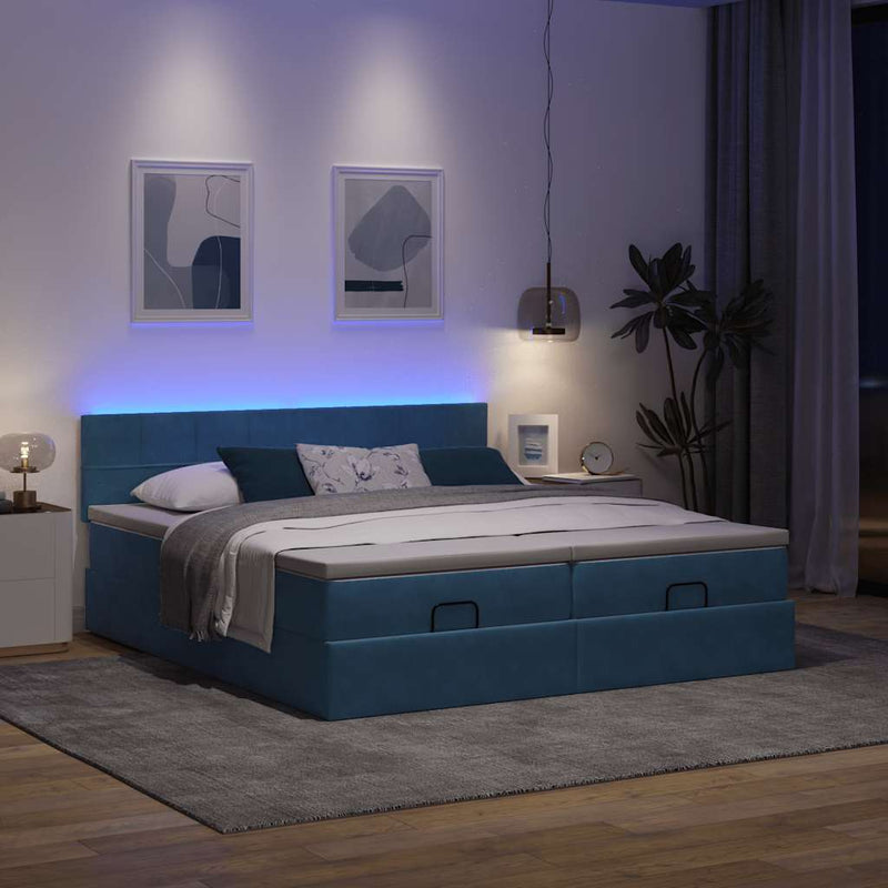 vidaXL Ottomán ágykeret matracokkal sötétkék 160x200cm bársony