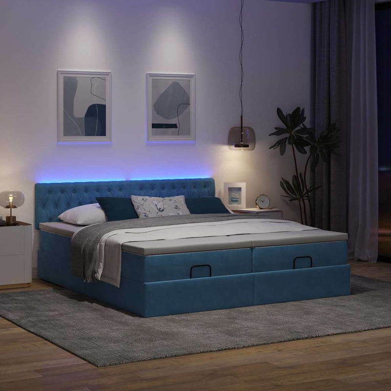 vidaXL Ottomán ágykeret matracokkal sötétkék 160x200cm bársony