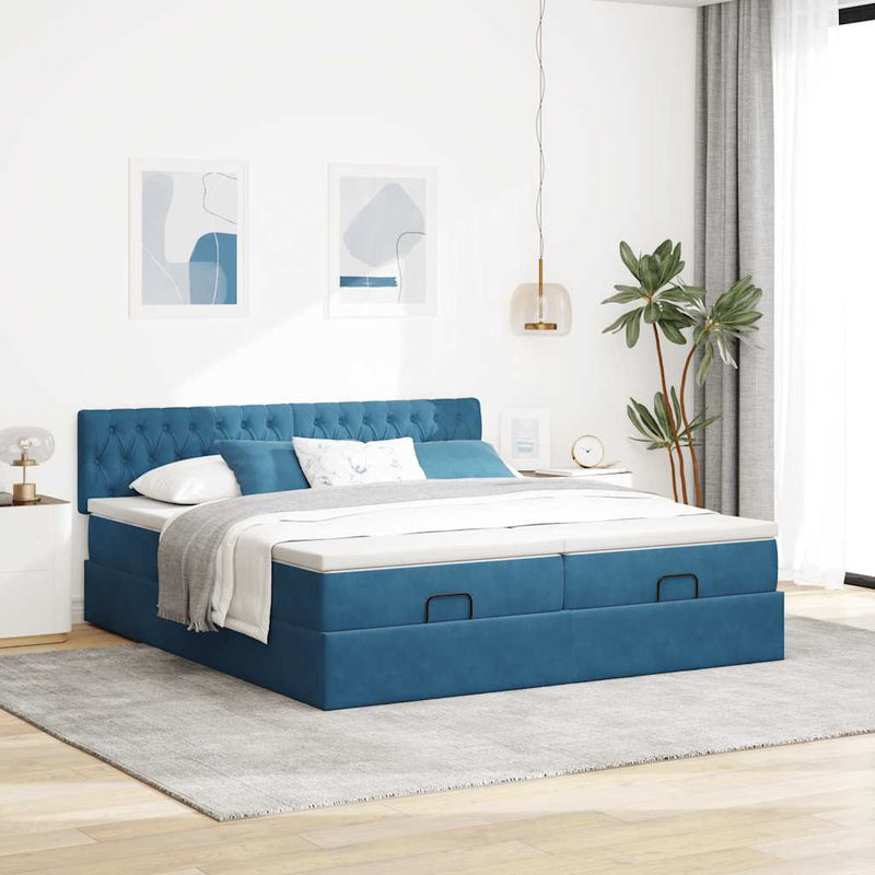 vidaXL Ottomán ágykeret matracokkal sötétkék 160x200cm bársony