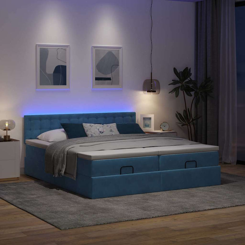 vidaXL Ottomán ágykeret matracokkal sötétkék 160x200cm bársony
