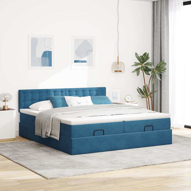 vidaXL Ottomán ágykeret matracokkal sötétkék 160x200cm bársony