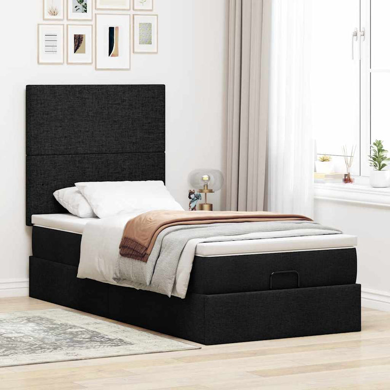 vidaXL Ottomán ágykeret matraccal fekete 90x190cm szövet