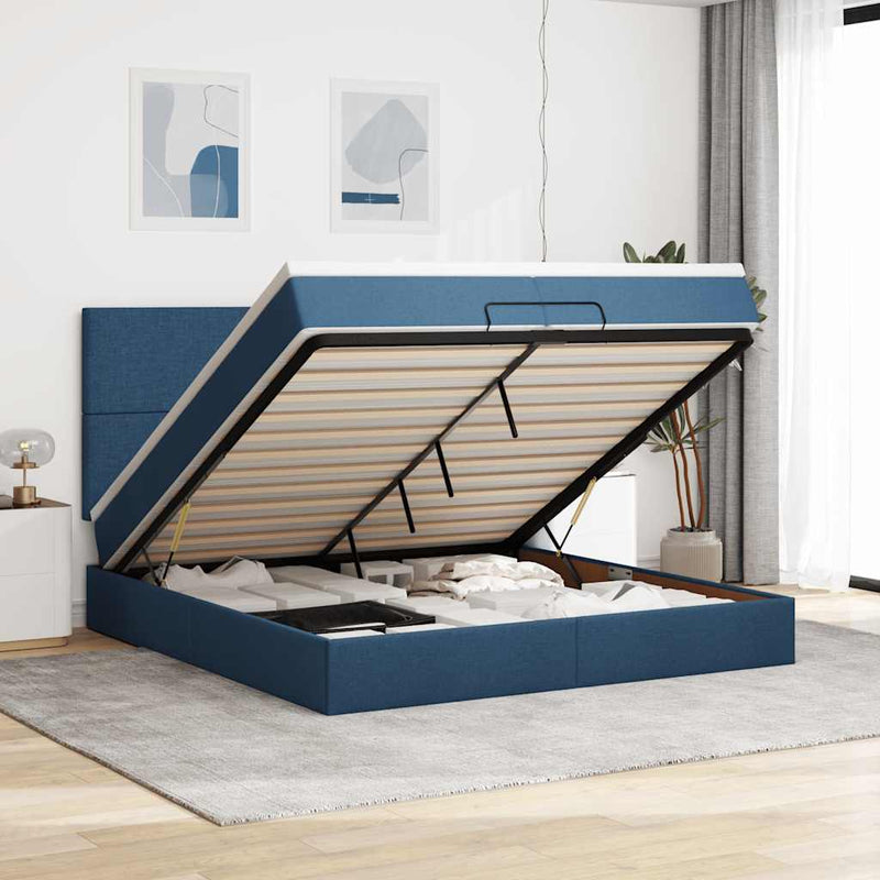 vidaXL Ottomán ágykeret matracokkal kék 200x200cm szövet