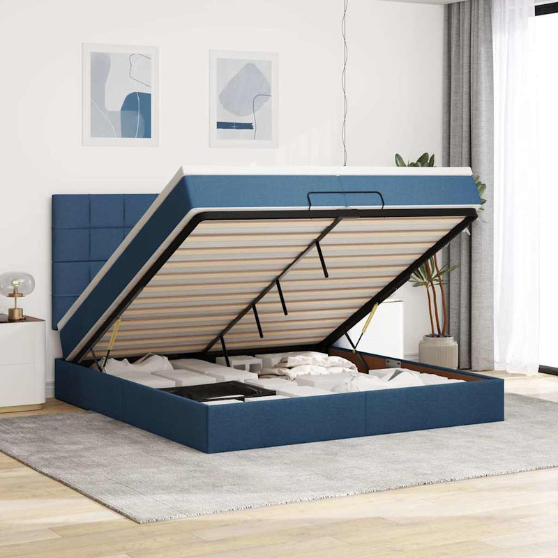 vidaXL Ottomán ágykeret matracokkal kék 200x200cm szövet