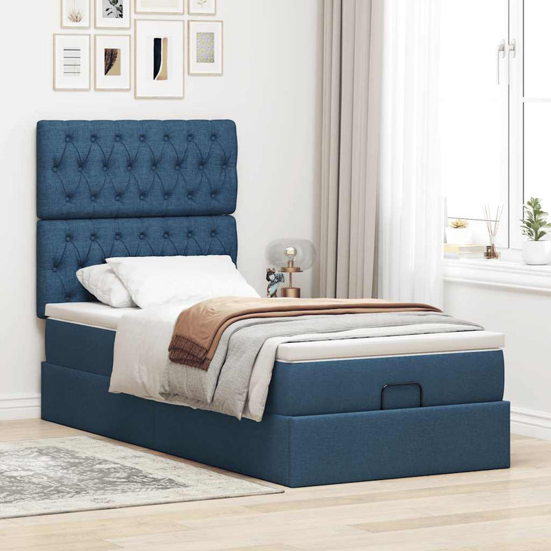vidaXL Ottomán ágykeret matraccal kék 80x200cm szövet