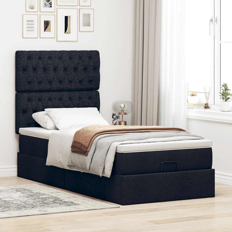 vidaXL Ottomán ágykeret matraccal fekete 90x190cm szövet