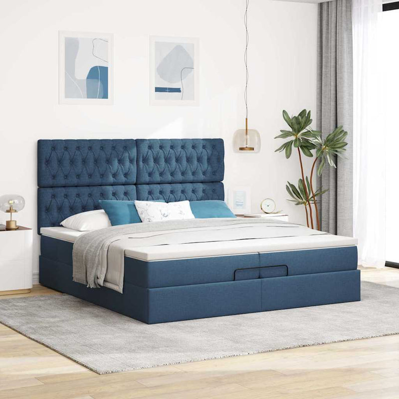 vidaXL Ottomán ágykeret matracokkal kék 200x200cm szövet