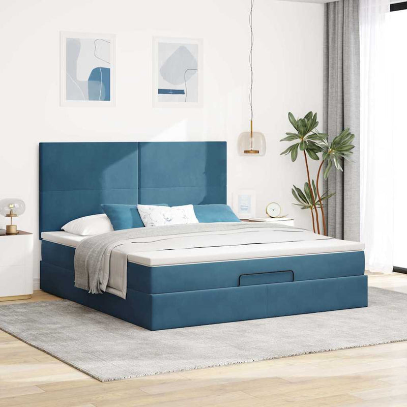 vidaXL Ottomán ágykeret matracokkal sötétkék 160x200cm bársony