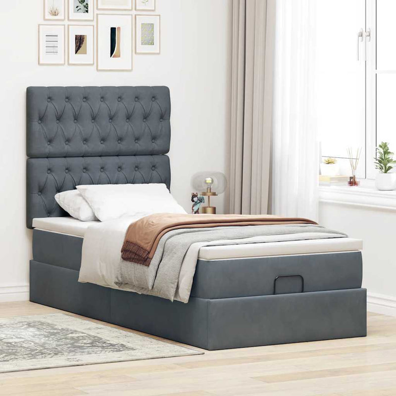 vidaXL Ottomán ágykeret matracokkal sötét szürke 90x190cm bársony
