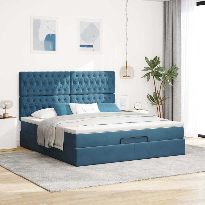 vidaXL Ottomán ágykeret matracokkal sötétkék 160x200cm bársony