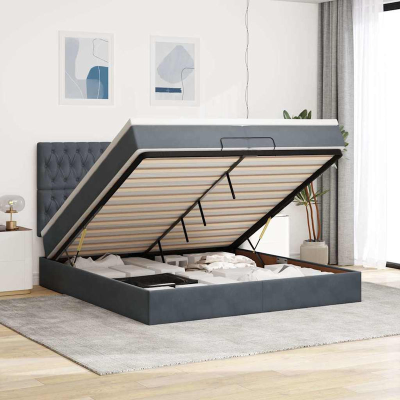 vidaXL Ottomán ágykeret matraccal Sötét szürke 200x200cm bársony