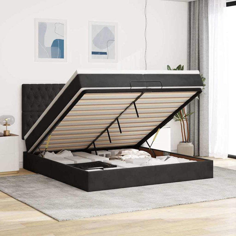 vidaXL Ottomán ágykeret matracokkal Fekete 200x200cm bársony