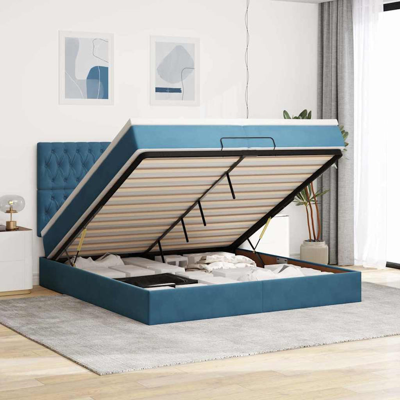 vidaXL Ottomán ágykeret matracokkal Sötétkék 200x200cm bársony
