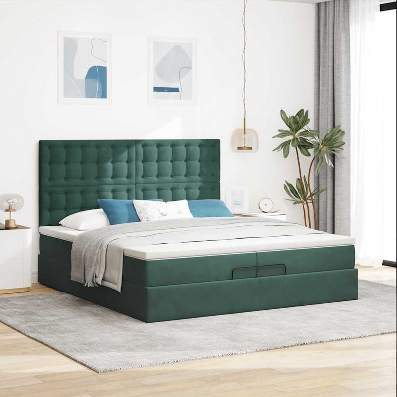 vidaXL Ottomán ágykeret matracokkal Sötétzöld 200x200cm bársony