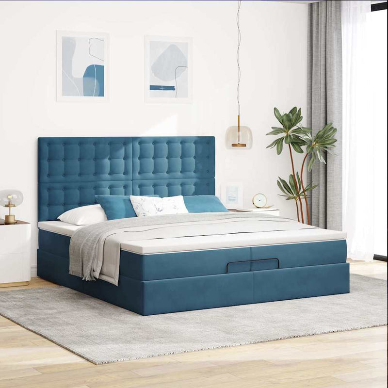 vidaXL Ottomán ágykeret matracokkal Sötétkék 200x200cm bársony