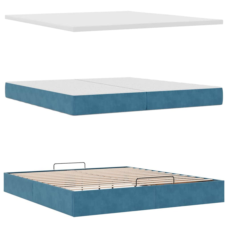 vidaXL Ottomán ágykeret matracokkal Sötétkék 200x200cm bársony