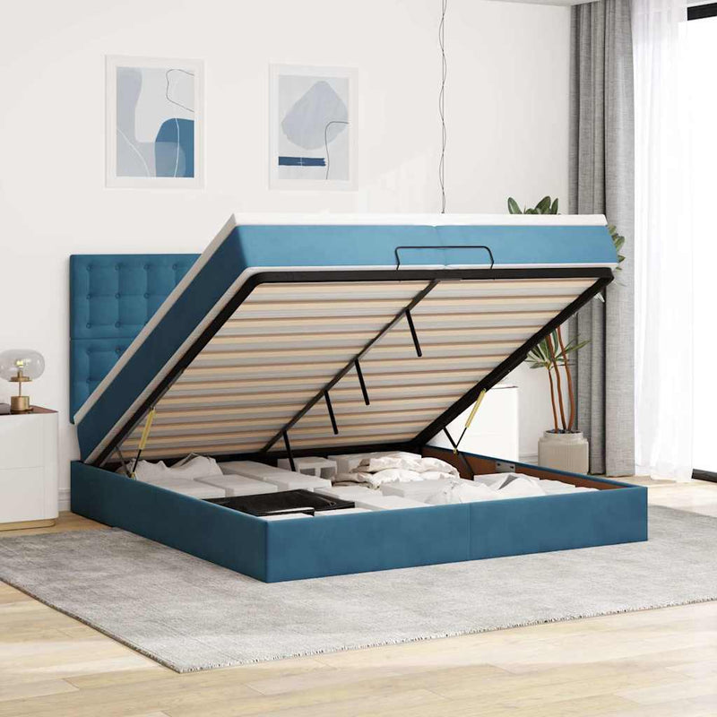 vidaXL Ottomán ágykeret matracokkal Sötétkék 200x200cm bársony