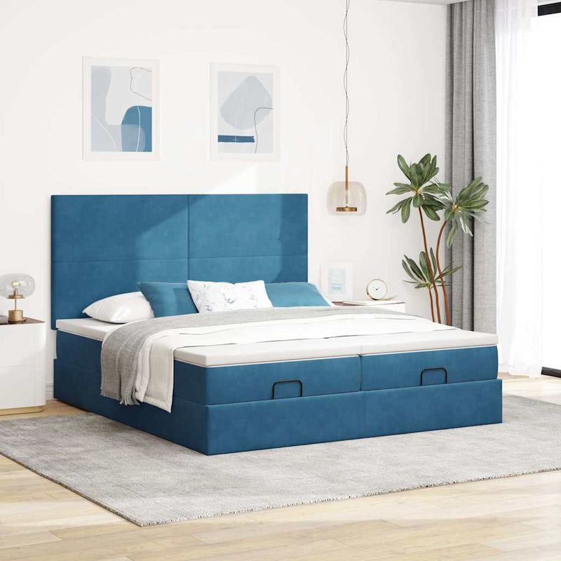 vidaXL Ottomán ágykeret matracokkal sötétkék 160x200cm bársony