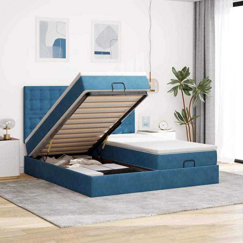 vidaXL Ottomán ágykeret matracokkal sötétkék 160x200cm bársony