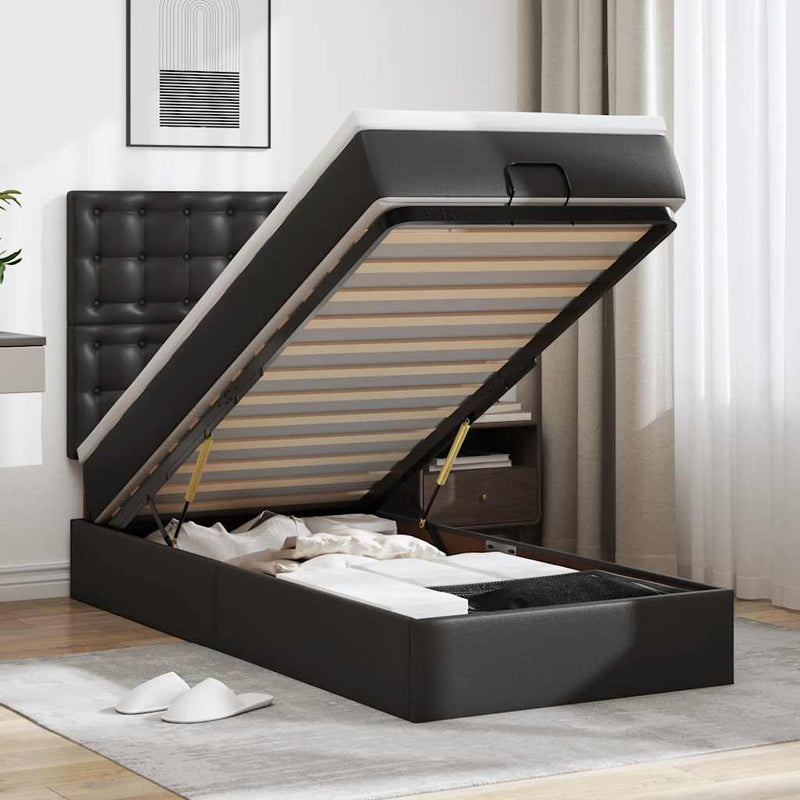 vidaXL Ottomán ágykeret matraccal fekete 80x200cm műbőrrel