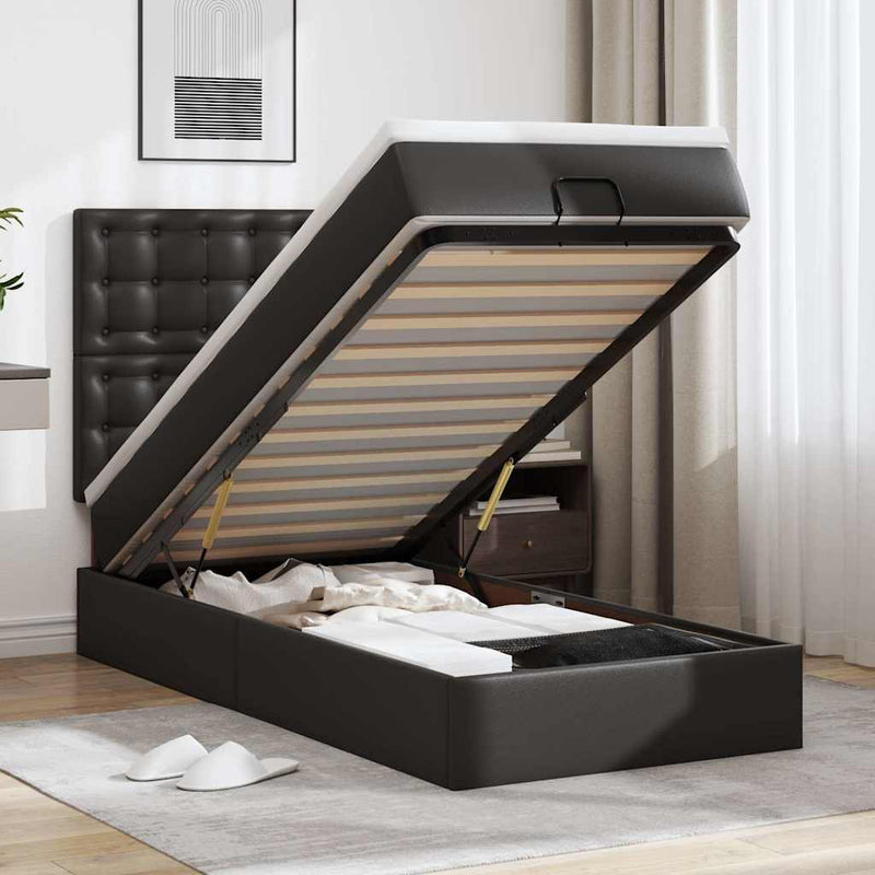 vidaXL Ottomán ágykeret matraccal Fekete 90x200cm műbőrrel